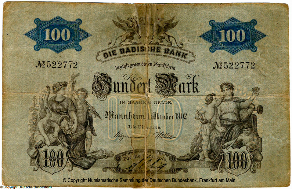 Badische Bank Bankschein. 100 Mark. 1. Oktober 1902. No 522772