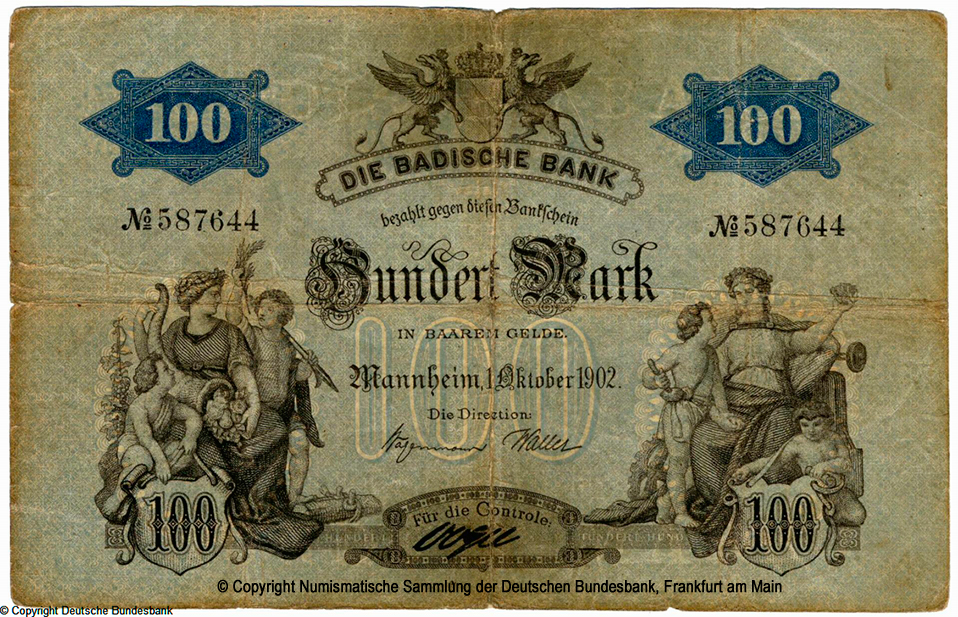 Badische Bank Bankschein. 100 Mark. 1. Oktober 1902. No 587644