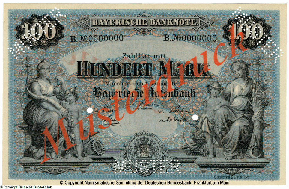Bayerische Notenbank. Bayerische Banknote. 100 Mark 1. Januar 1900. MUSTER