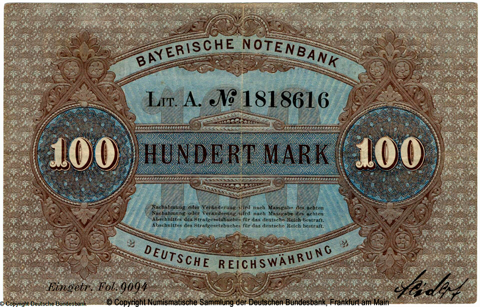 Bayerische Banknote. 100 Mark. 3. November 1875.