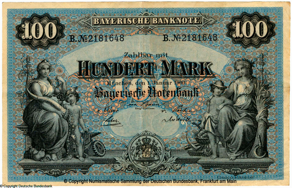 Bayerische Banknote. 100 Mark. 1. Januar 1900. B. Nr 2182148