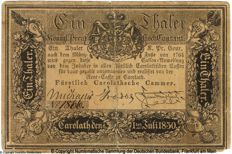 Fürstlich Carolath-Beuthensche Kammer, Kassenweissungen der Rent-Kasse 1 Thaler 1830