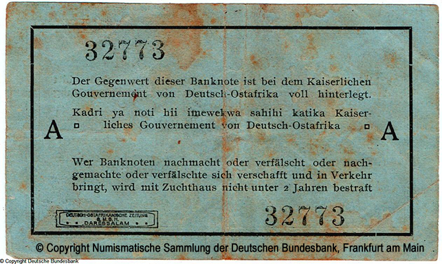 Die Deutsch-Ostafrikanische Bank. Interims-Banknote. 1 Rupien. 1. September 1915. 32773