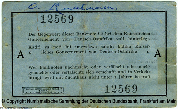 Deutsch-Ostafrikanische Bank. Interims-Banknote. 1 Rupien. 1. September 1915. Rosenberg 911