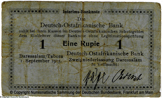 Die Deutsch-Ostafrikanische Bank. Interims-Banknote. 1 Rupien. 1. September 1915. Häge, ???. 