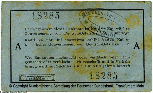 Die Deutsch-Ostafrikanische Bank. Interims-Banknote. 1 Rupien. 1. September 1915. Kirst, Berendt