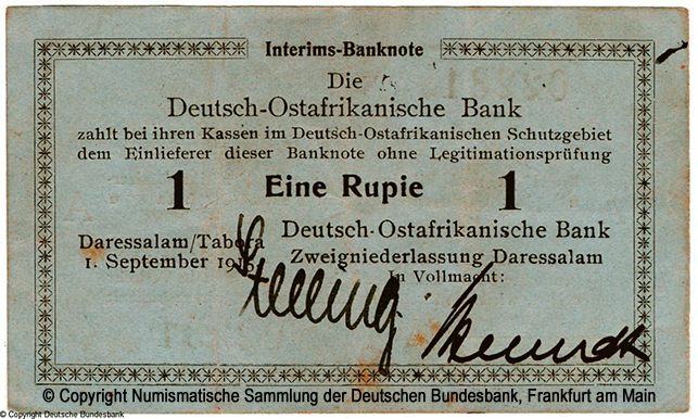 Die Deutsch-Ostafrikanische Bank. Interims-Banknote. 1 Rupien. 1. September 1915. Stelling, Berendt