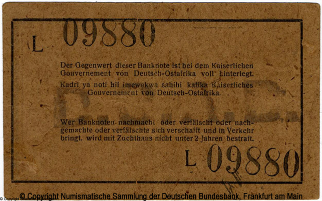 Die Deutsch-Ostafrikanische Bank. Interims-Banknote. 1 Rupien. 1. Dezember 1915. ( 4)
