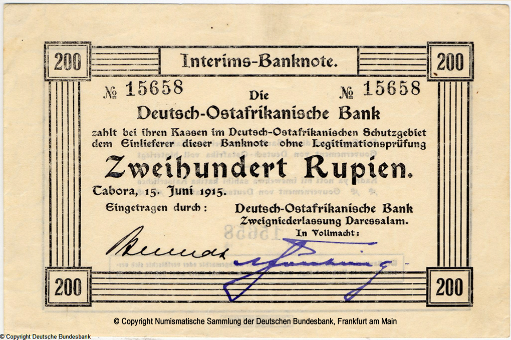 Deutsch-Ostafrikanische Bank. Interims-Banknote. 200 Rupien. 15. Juni 1915.  15658