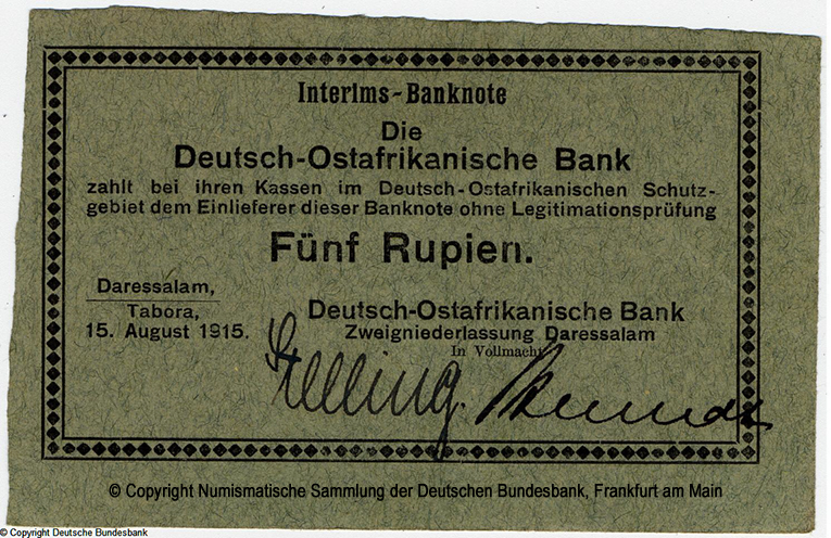 Deutsch-Ostafrikanische Bank. Interims-Banknote. 5 Rupien. 15. August 1915. 62885