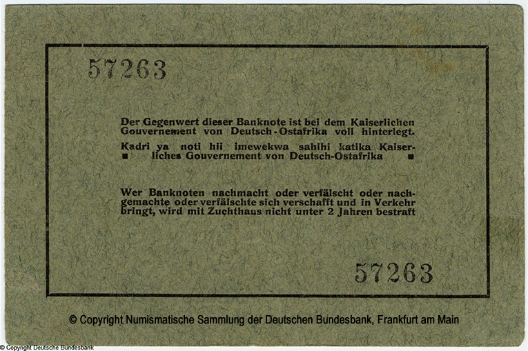Deutsch-Ostafrikanische Bank. Interims-Banknote. 5 Rupien. 15. August 1915.
