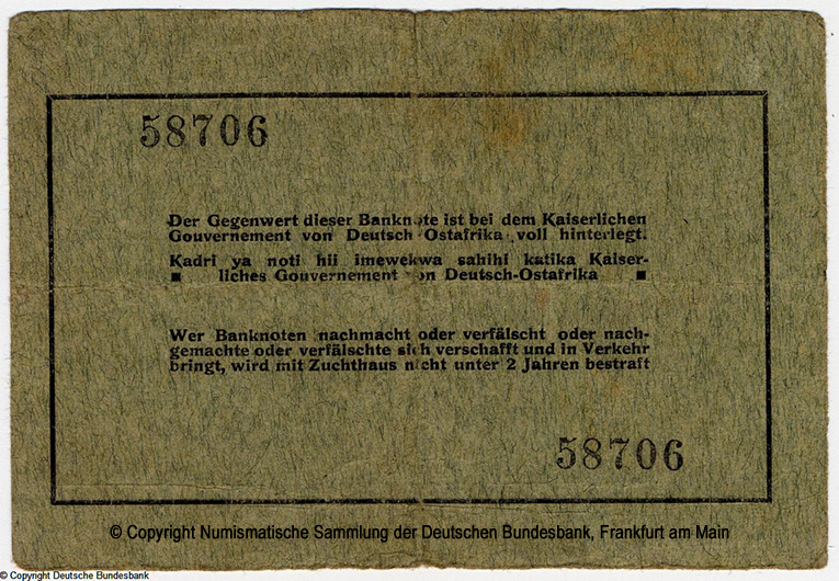 Deutsch-Ostafrikanische Bank. Interims-Banknote. 5 Rupien. 15. August 1915.
