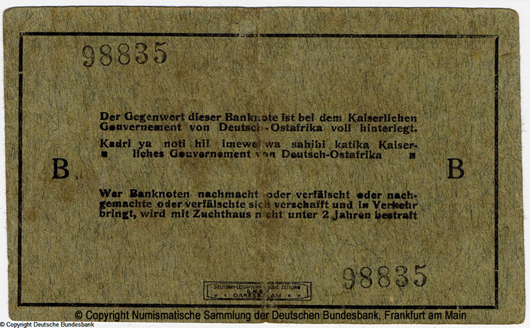 Die Deutsch-Ostafrikanische Bank. Interims-Banknote. 5 Rupien. 15. August 1915.