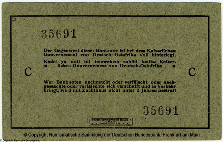 Die Deutsch-Ostafrikanische Bank. Interims-Banknote. 5 Rupien. 15. August 1915. 