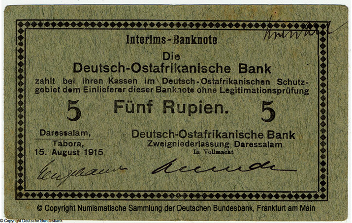 Die Deutsch-Ostafrikanische Bank. Interims-Banknote. 5 Rupien. 15. August 1915. - 31052