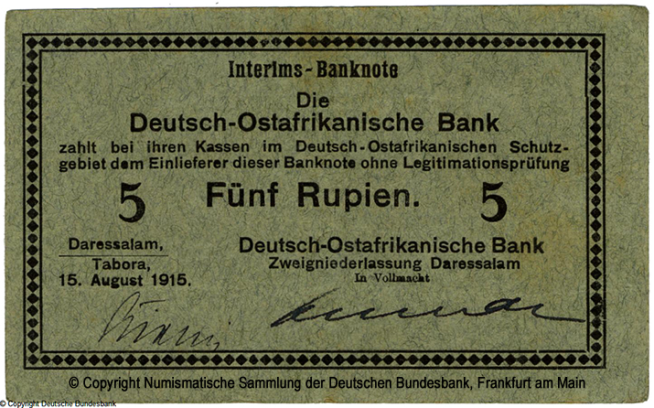 Deutsch-Ostafrikanische Bank. Interims-Banknote. 5 Rupien. 15. August 1915. Rosenberg 910 c / 20. Aufl.