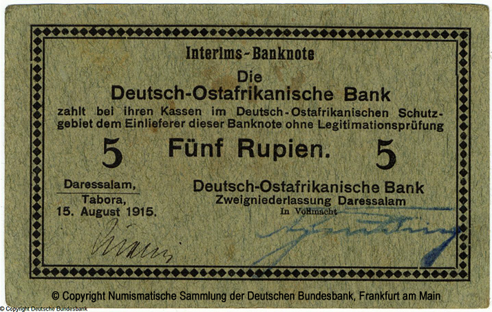 Die Deutsch-Ostafrikanische Bank. Interims-Banknote. 5 Rupien. 15. August 1915. ( 2)