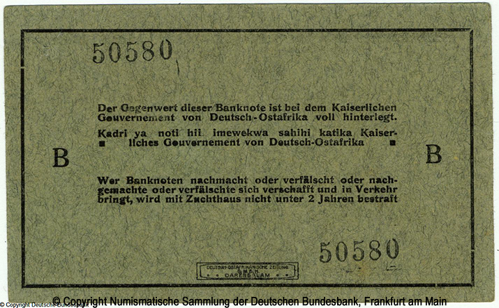 Deutsch-Ostafrikanische Bank. Interims-Banknote. 5 Rupien. 15. August 1915. B 50580