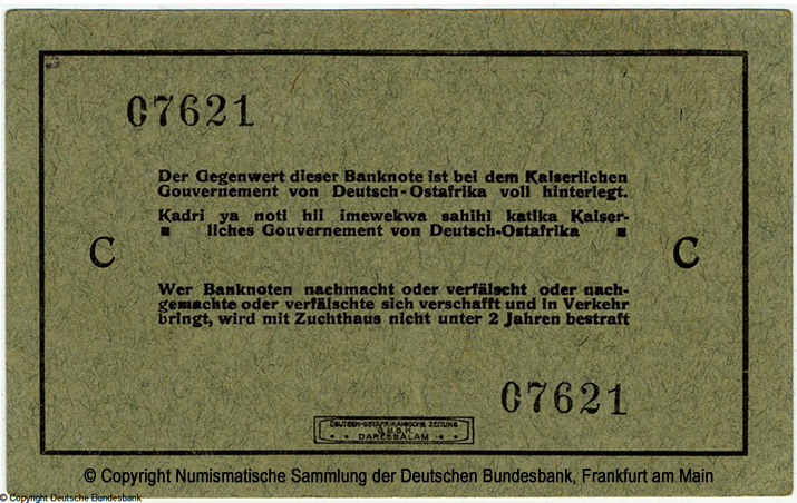 Deutsch-Ostafrikanische Bank. Interims-Banknote. 5 Rupien. 15. August 1915. Rosenberg 910i