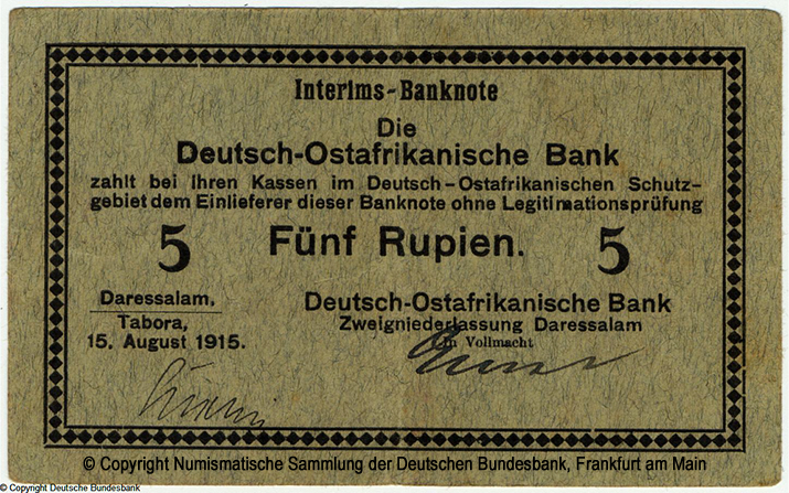Deutsch-Ostafrikanische Bank. Interims-Banknote. 5 Rupien. 15. August 1915. # 65019