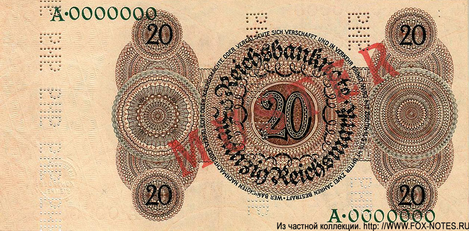 Reichsbanknote. 20 Reichsmark. 1924. Muster