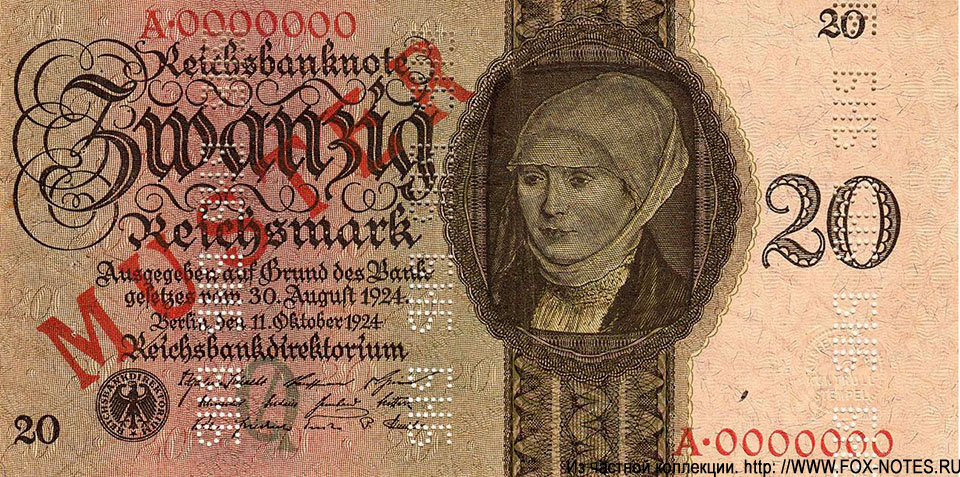 Reichsbank. Reichsbanknote. 20 Reichsmark. 11. Oktober 1924. Muster