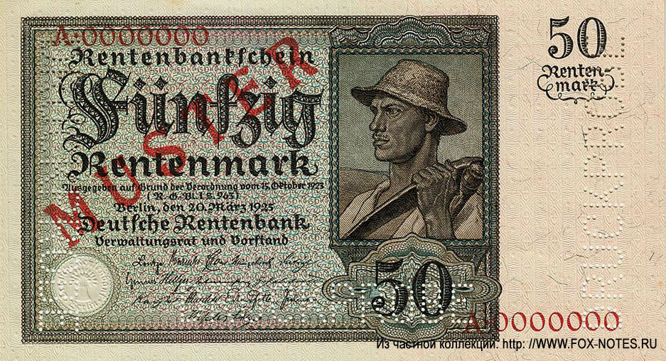 Deutschen Rentenbank. 50 Rentenmark. 20. März 1925. 