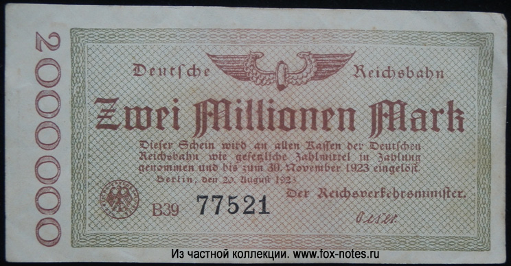 Deutsche Reichsbahn Reichsverkehrsministerium Berlin 2 Millionen Mark 1923