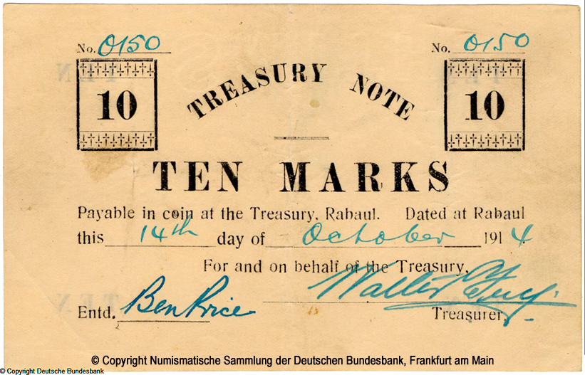Deutsch-Neuguinea Treasury Note 10 Mark 1914