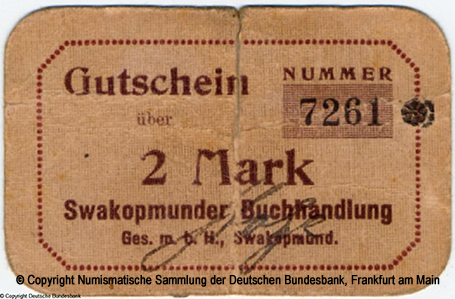 Deutsch-Südwestafrika. Swakopmunder Buchhandlung Ges. m.b.H. Gutschein 2 Mark. Nr 7261 *