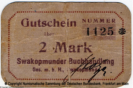 Deutsch-Südwestafrika. Swakopmunder Buchhandlung Ges. m.b.H. Gutschein 2 Mark. Nr 1125*