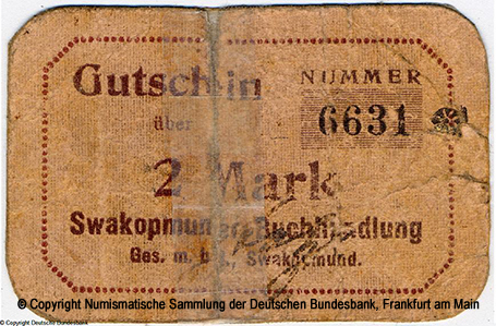 Deutsch-Südwestafrika. Swakopmunder Buchhandlung Ges. m.b.H. Gutschein 2 Mark. Nr 6631 *