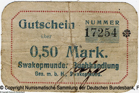 Deutsch-Südwestafrika. Swakopmunder Buchhandlung Ges. m.b.H. Gutschein 50 Pfennig Rosenberg 954 c / 20. Aufl.
