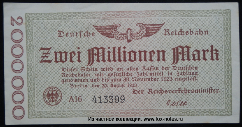 Deutsche Reichsbahn - Reichsverkehrsministerium Berlin 2 Millionen Mark