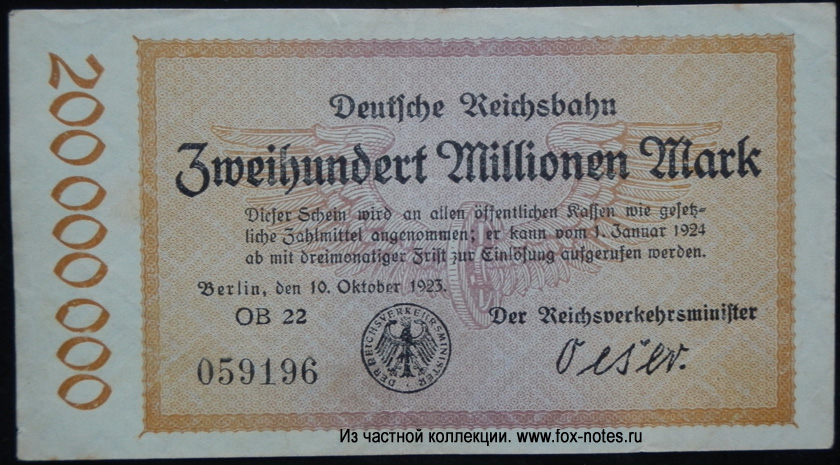 Deutsche Reichsbahn - Reichsverkehrsministerium Berlin 200 Millionen Mark