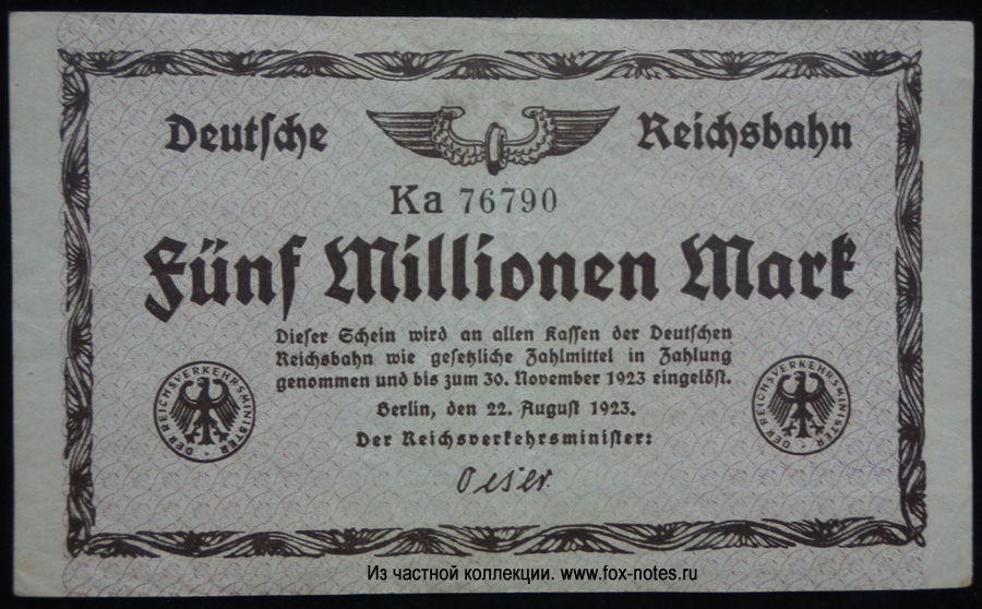 Deutsche Reichsbahn - Reichsverkehrsministerium Berlin 5 Millionen Mark