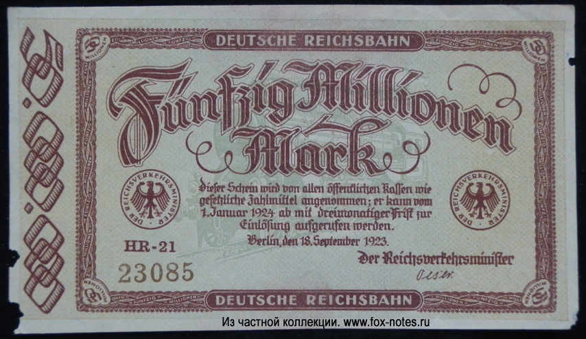 Deutsche Reichsbahn - Reichsverkehrsministerium Berlin 50 Millionen Mark