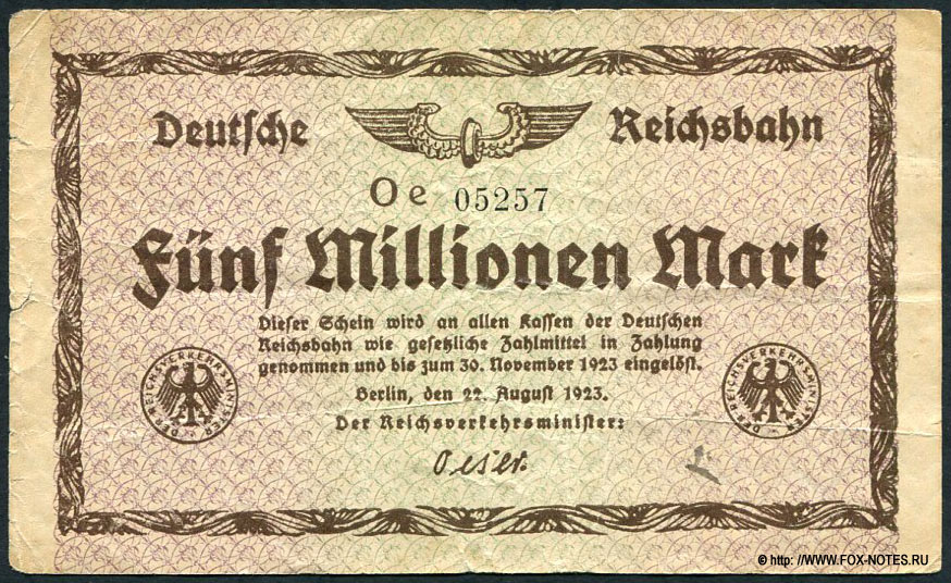 Deutsche Reichsbahn Reichsverkehrsministerium Berlin 5 Millionen Mark 1923
