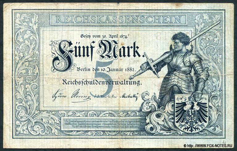 Deutsches Reich Reichsschuldenverwaltung Reichskassenschein. 5 Mark. 10. Januar 1882.