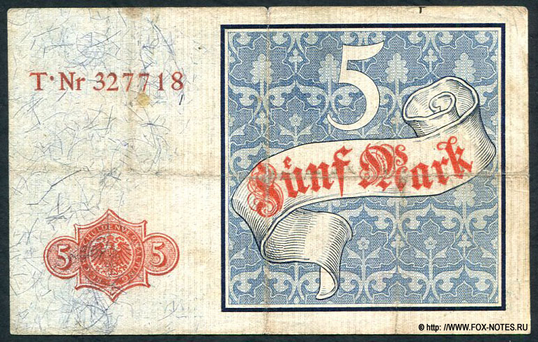 Deutsches Reich Reichsschuldenverwaltung Reichskassenschein. 5 Mark. 10. Januar 1882.