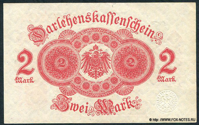 Deutsches Reich Darlehenskassenschein. 2 Mark. 12. August 1914.
