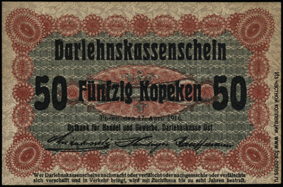 Ostbank für Handel und Gewerbe, Darlehnskasse Ost. Darlehnskassenschein. 50 Kopeken. Posen, den 17. April 1916.