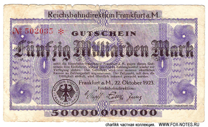 Reichsbahndirektion Frankfurt am Main 50 Milliarden Mark 1923