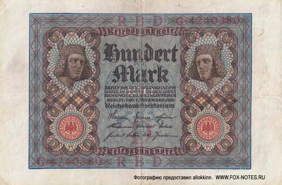 Reichsbank. Reichsbanknote. 100 Mark. 1. November 1920. (  100  1920)