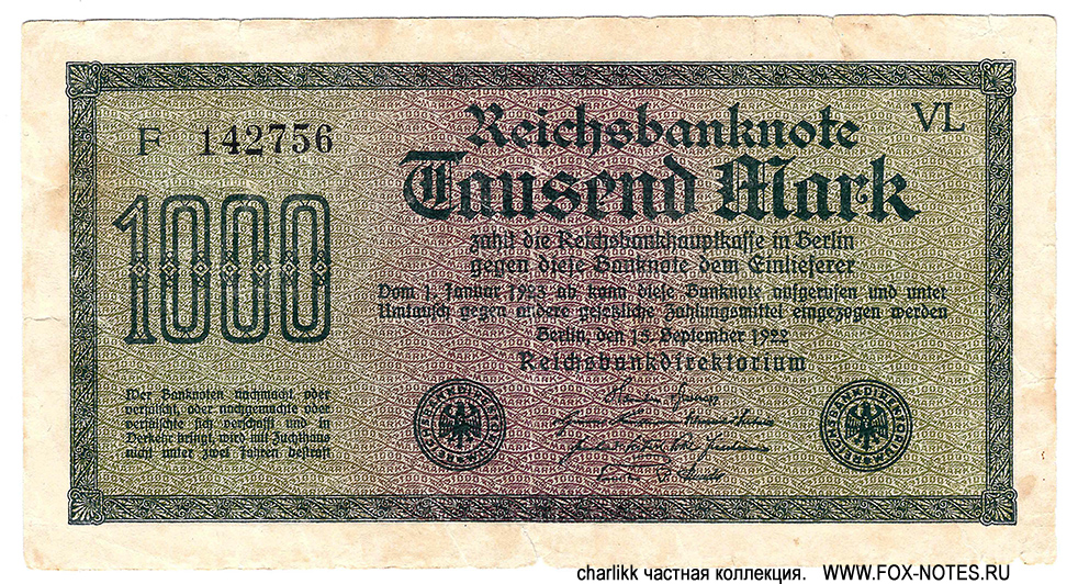 Reichsbank. Reichsbanknote. 1000 Mark. 15. September 1922