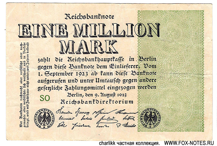 Reichsbank. Reichsbanknote. 1 Million Mark. 9. August 1923.