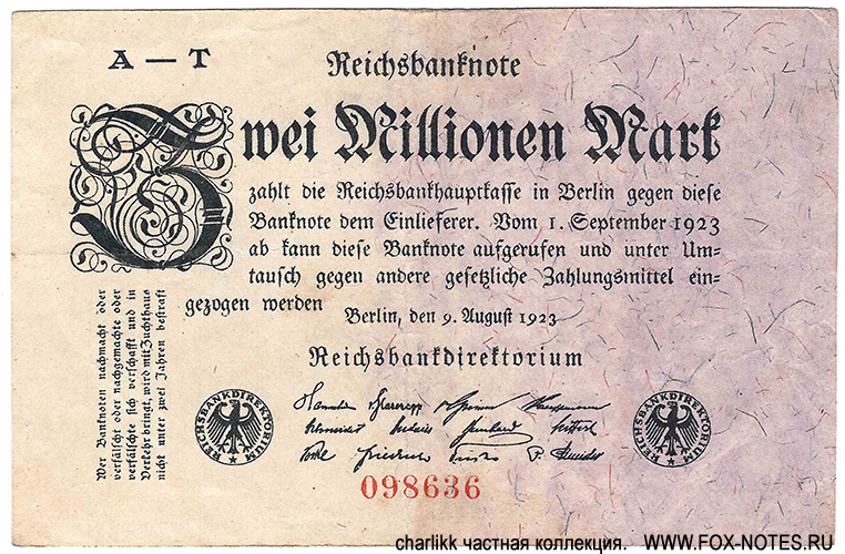 Reichsbank. Reichsbanknote. 2 Millionen Mark. 9. August 1923.