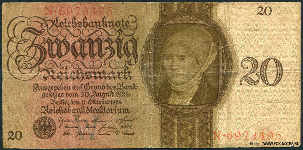 Reichsbank. Reichsbanknote. 20 Reichsmark. 11. Oktober 1924.