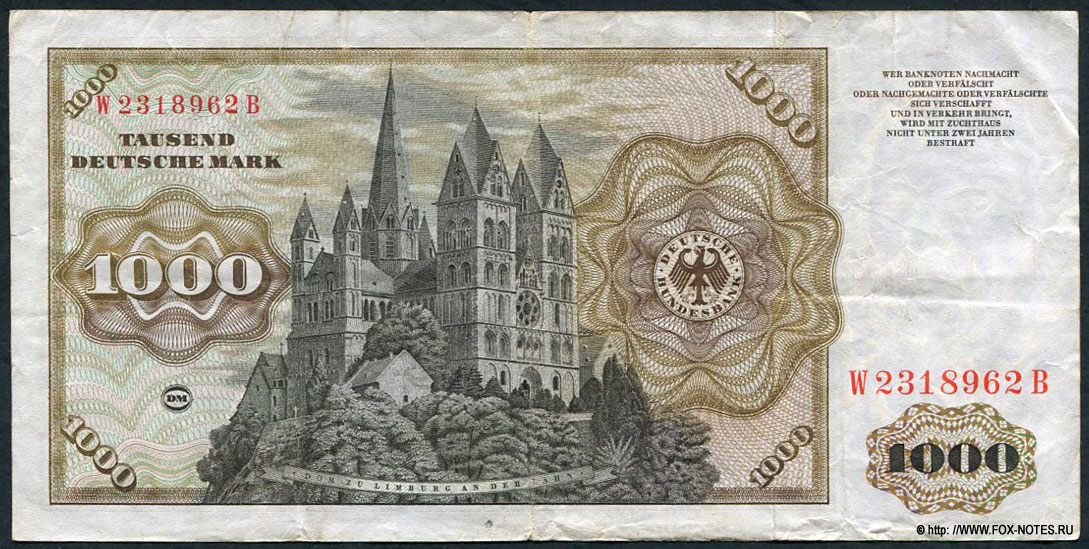 Deutsche Bundesbank 1000 Deutshe Mark 1960 Banknote Serie BBK I (Gemäldeserie)