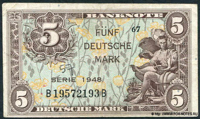 Bank Deutscher Länder Banknote 5 Deutsche Mark 1948